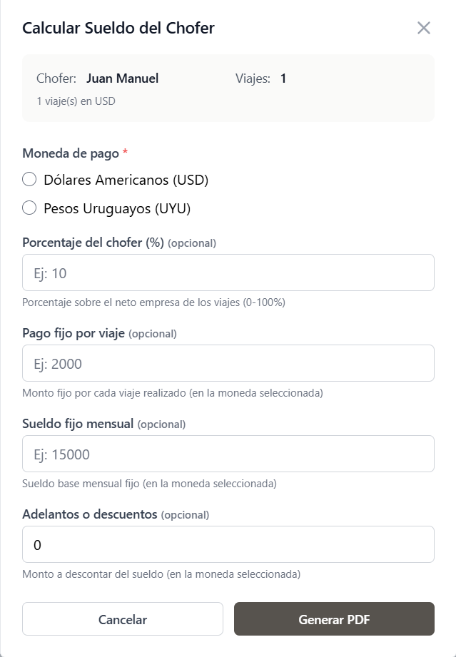 Pantalla de cálculo del sueldo de un chofer en RutaLog