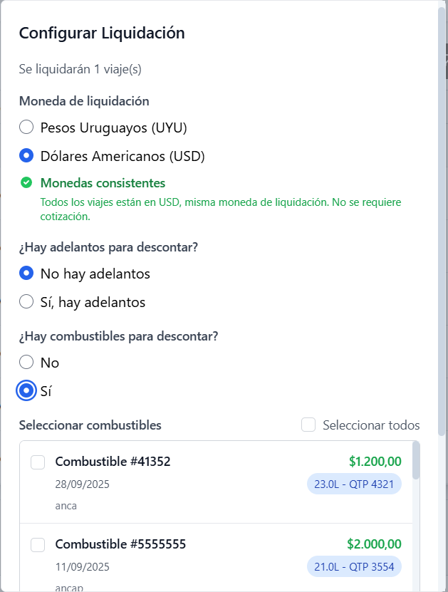 Pantalla de configuración de una liquidación de fletes en RutaLog