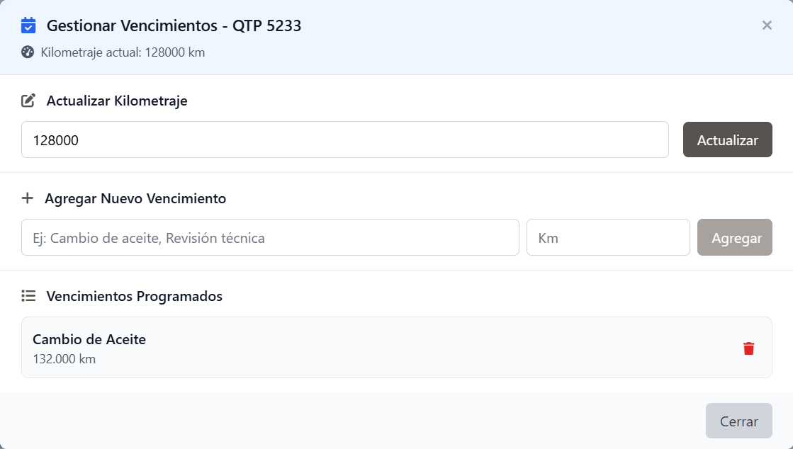 Vencimientos de un camión por fecha y por kilometraje en RutaLog